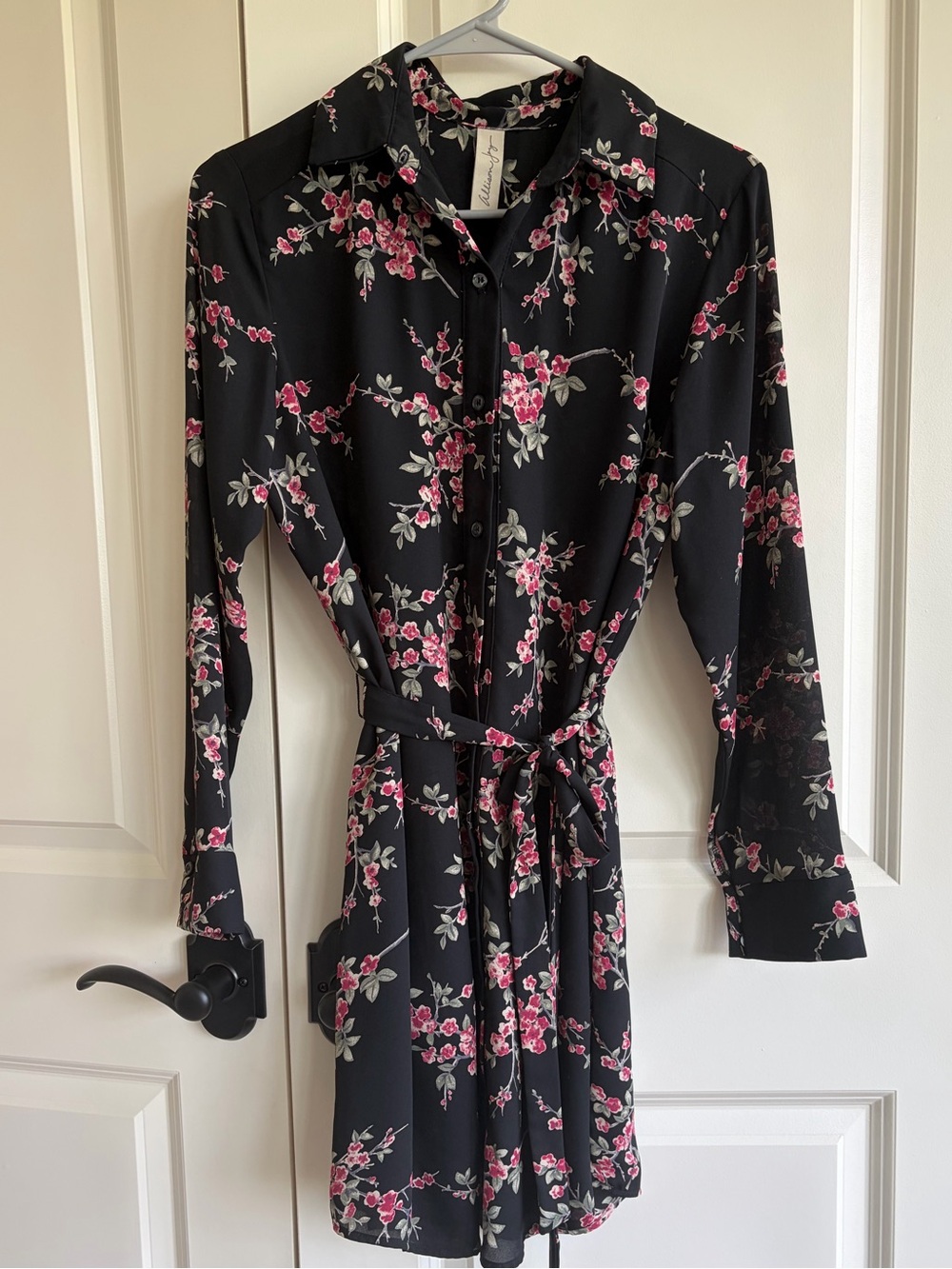 Allison Joy Black Floral Button-Up Dress with Pink Blossoms Size S